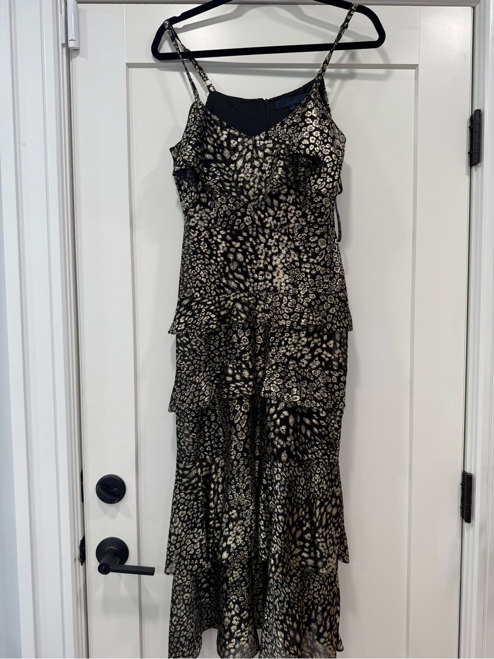 Rachel Zoe Black and Gold Metallic Animal-Print Tiered Maxi Dress